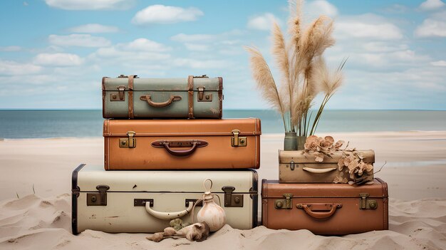 une valise vintage sur une plage de sable