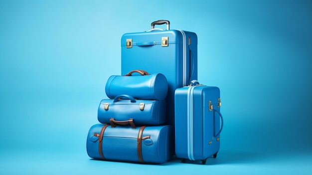 une valise de voyage bleue sur fond bleu