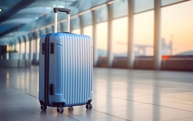 Une valise de voyage bleue vibrante se trouve dans un terminal d'aéroport flou