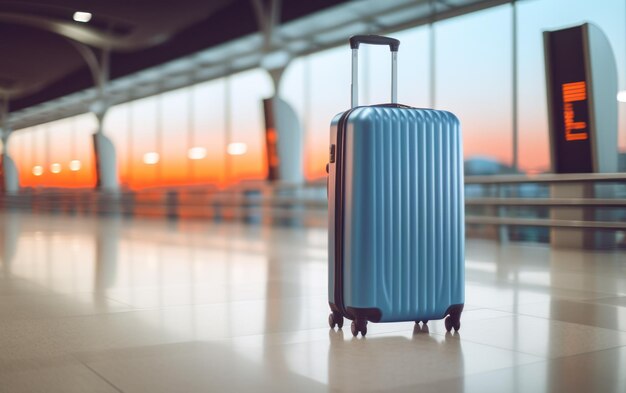 Une valise de voyage bleue vibrante se trouve dans un terminal d'aéroport flou