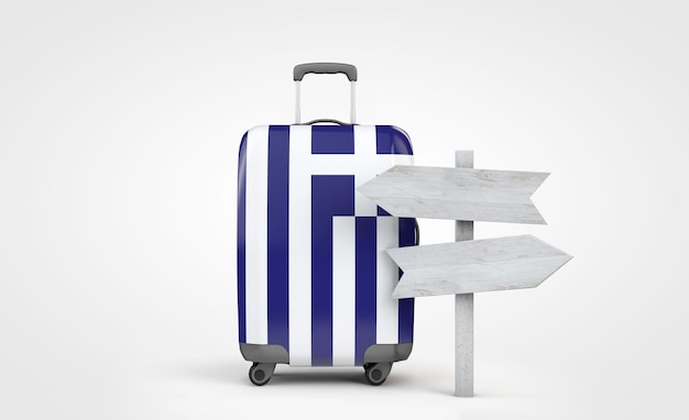 Valise de voyage avec drapeau de Grèce avec panneau de signalisation en bois