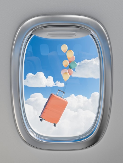 Photo une valise de voyage flottant avec des ballons vue depuis la fenêtre de l'avion