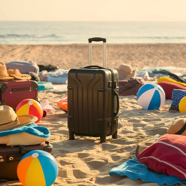 Une valise de voyage noire avec des bagages éparpillés sur la plage