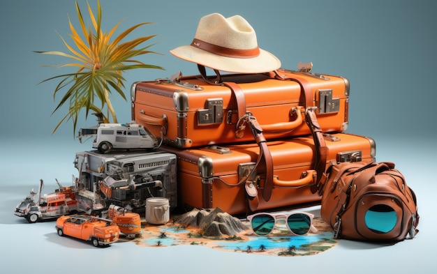 Valise de voyage avec des objets collectés pour les vacances Valise avec différents accessoires de plage