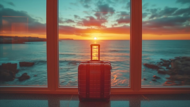Photo la valise de voyage par la fenêtre avec vue sur l'océan au coucher du soleil