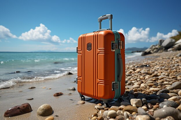 Une valise de voyage positionnée sur une plage de sable