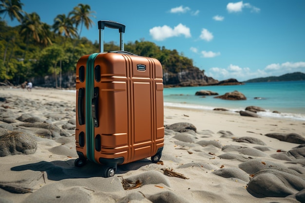 Une valise de voyage positionnée sur une plage de sable