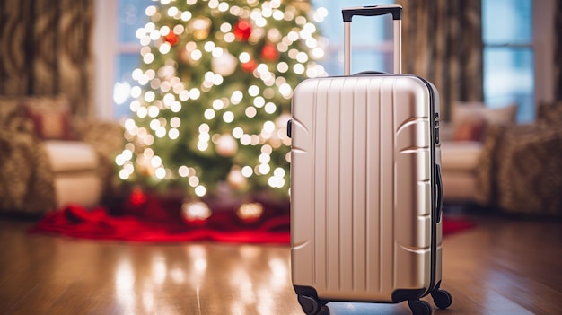 Une valise de voyage prête près de l'arbre de Noël