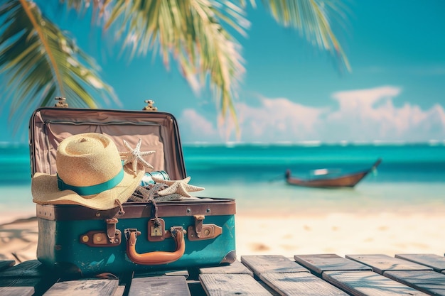 valise de voyageur et chapeau pendant les vacances d'été Arrière-plan voyage d'été