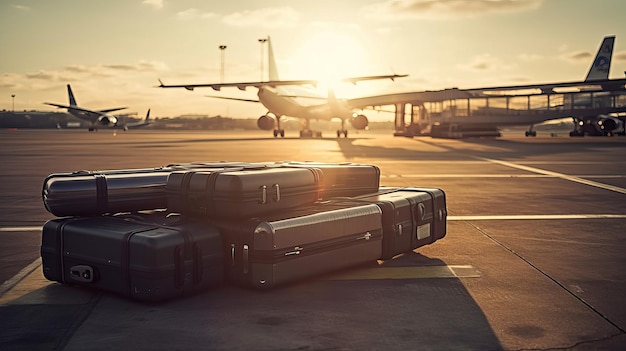 Photo valises à l'aéroport avec des avions en arrière-plan avec ia générative