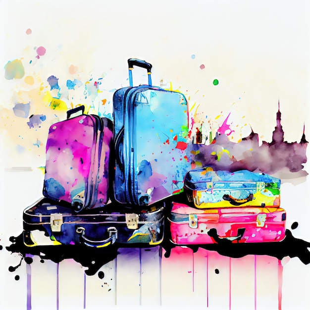 Valises à l'aéroport Concept de voyage rendu 3d Peinture d'illustration de style d'art numérique Style de couleur de l'eau