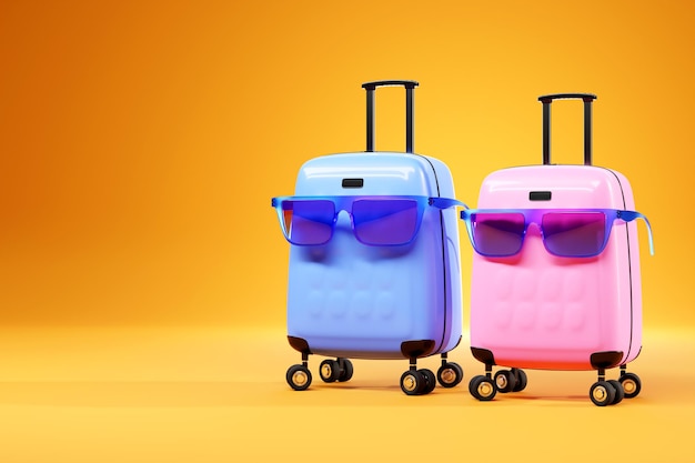 Valises ou bagages bleus et roses colorés dans des verres colorés sur fond jaune Rendu 3D du concept de vacances d'été et de vacances