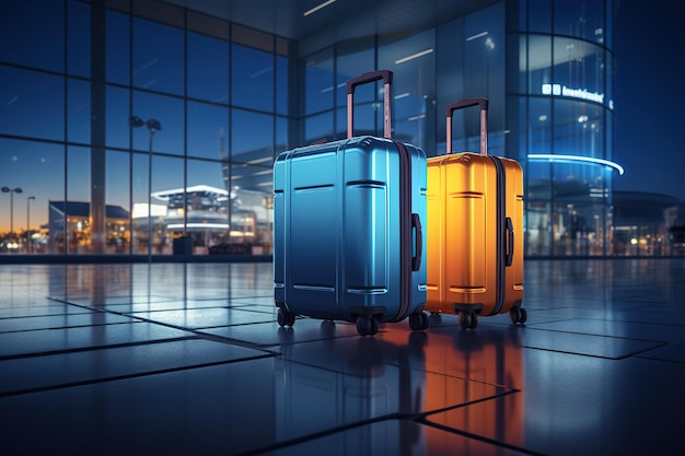 Des valises bleues et jaunes dans un aéroport dans le hall du terminal avec l'arrière-plan de l'avion concept de réservation de voyage de vacances AI Génératif