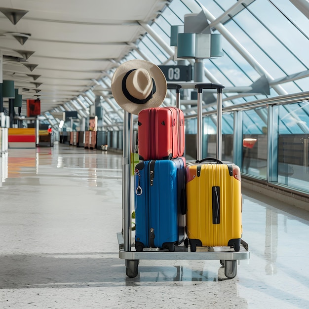 Des valises et des chapeaux colorés sur un chariot dans un terminal d'aéroport moderne pour les médias sociaux