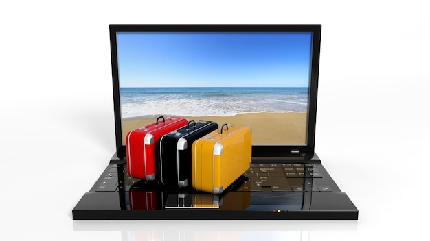 Valises sur clavier d'ordinateur portable noir avec plage à l'écran isolé