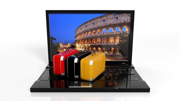 Valises sur clavier d'ordinateur portable noir avec Rome sur écran isolé