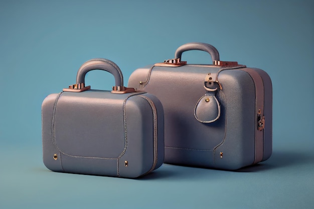 Valises en cuir gris pour voyager sur fond bleu