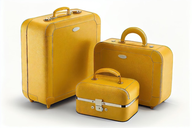 Valises en cuir jaune pour voyager isolées sur fond blanc créées avec une IA générative