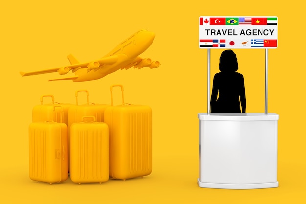 Valises jaunes avec avion jaune près du stand d'agence de voyages avec silhouette de femme et drapeaux