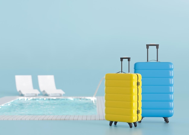 Valises et piscine sur fond bleu Vacances tourisme voyage Touristes bonnes vacances Temps de détente Couple Espace de copie pour votre texte ou logo rendu 3d