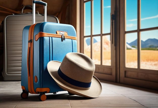 Valises en plastique modernes sur roues en bleu et orange avec un chapeau de soleil près d'une fenêtre dans un concept de voyage dans le hall de la gare ou de l'aéroport AI générative