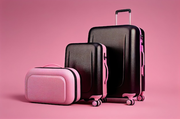 Valises pour voyager grand sac noir sur fond rose créé avec générative ai