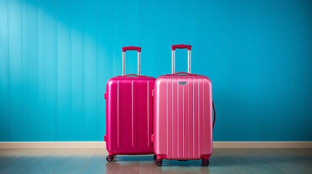 Des valises roses brillantes sur un fond bleu vibrant, des bagages de voyage pour les vacances et les aventures.