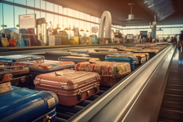 Photo valises sur tapis roulant à bagages au terminal de l'aéroport generative ai