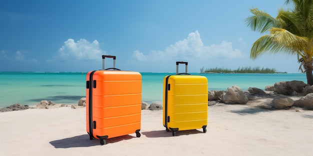 Valises sur les vacances à la plage Valises bagages à main lumineuses sur fond de mer et de sable sur la plage Émigration