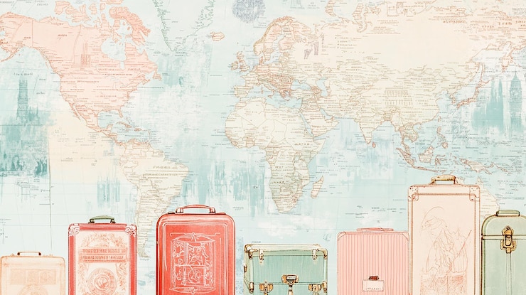 Photo des valises vintage alignées devant un fond de carte du monde fané
