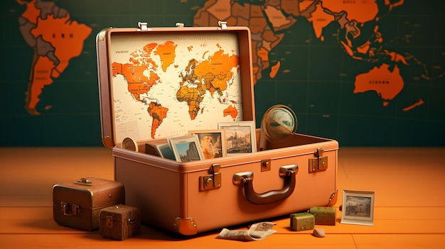 Des valises de voyage rétro et des cartes vintage disposées sur un fond orange chaud