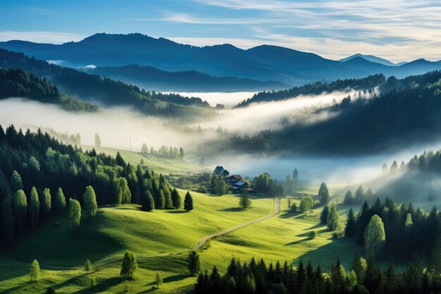 Vallée brumeuse alpine pendant le matin