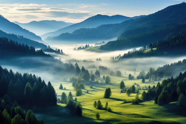 Vallée brumeuse alpine pendant le matin