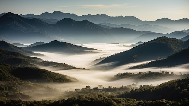 Une vallée brumeuse avec des montagnes en arrière-plan