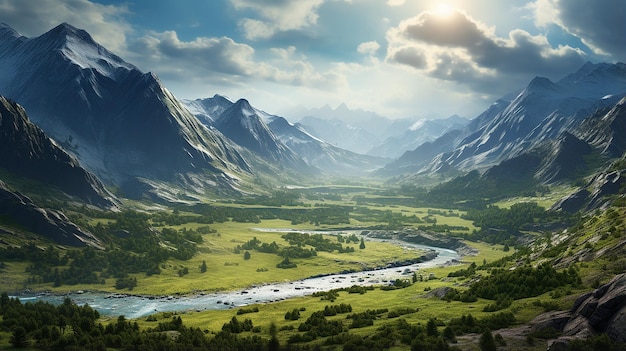 Une vallée ensoleillée avec une vue imprenable sur les montagnes