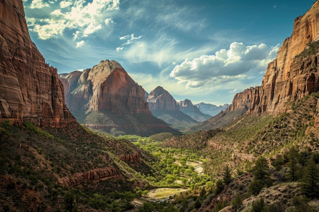 Une vallée étendue avec des montagnes imposantes au loin offre une vue à couper le souffle de la beauté naturelle Vue époustouflante du parc national de Zion générée par l'IA
