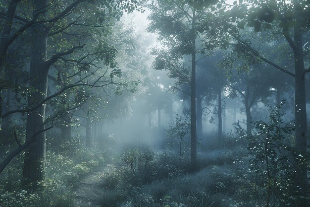 Une vallée de forêt brumeuse vivante avec le bruit des oiseaux