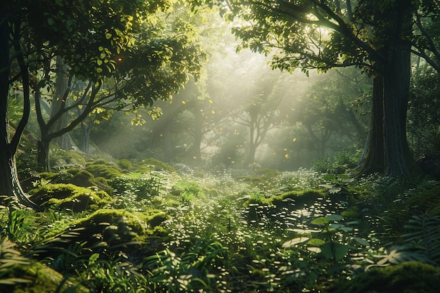 Photo une vallée de forêt tranquille avec des taches de soleil