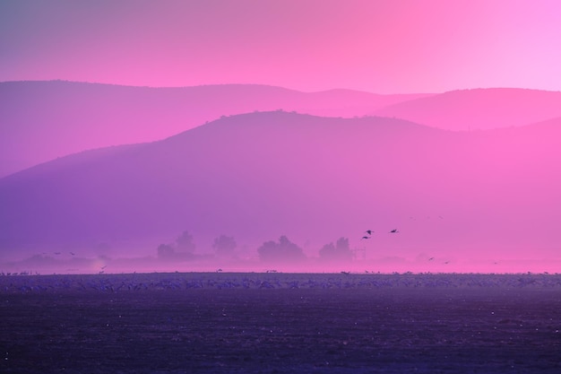 La vallée de Hula dans le nord d'Israël au coucher du soleil