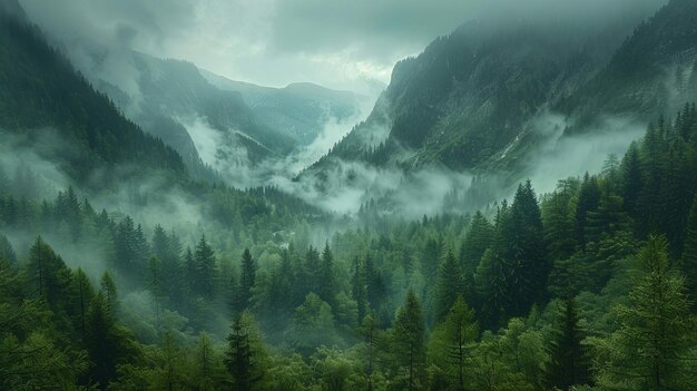 Photo une vallée de montagne brumeuse avec des arbres et du brouillard