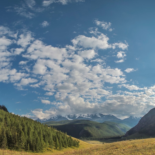 Vallée de montagne et ciel bleu avec des nuages blancs