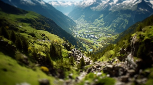 Une vallée de montagne avec une petite ville au loin