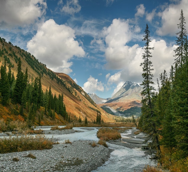 Vallée de montagne avec rivière, automne, endroits sauvages