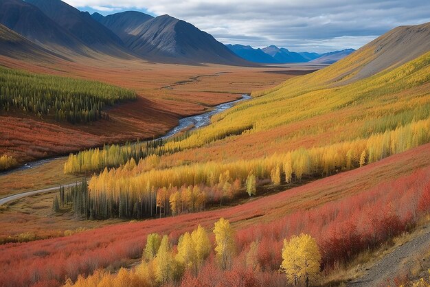 Photo une vallée de montagne avec une rivière qui la traverse