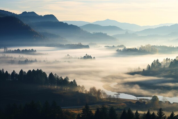 Une vallée montagneuse recouverte de brume