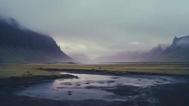 La vallée avec les silhouettes des montagnes et l'eau réfléchissante à l'aube