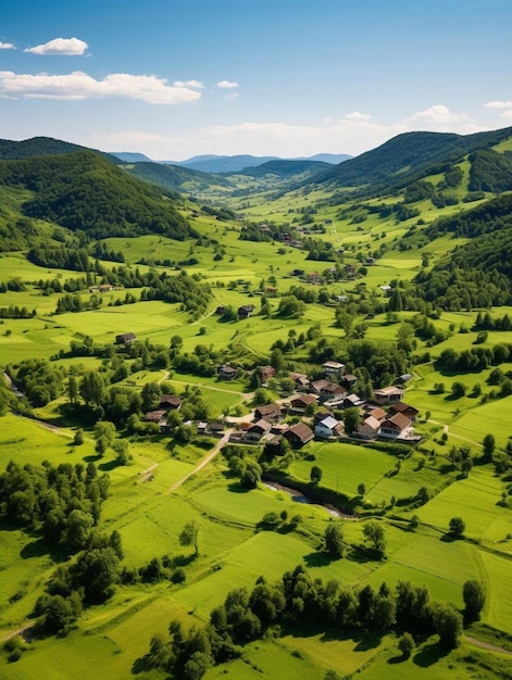 une vallée verdoyante avec un petit village au loin