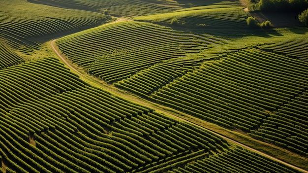 Une vallée verdoyante avec des rangées de plantations de thé et les montagnes en arrière-plan.