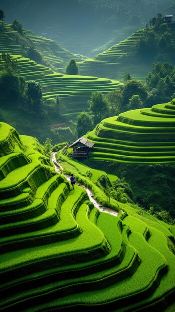 Photo une vallée verte avec une maison au sommet