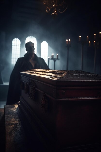 Un vampire debout devant un cercueil dans l'intérieur faiblement éclairé d'un château sombre généré par l'IA